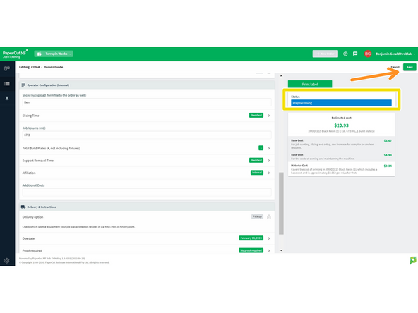 To add the sliced file and print mass, edit the request