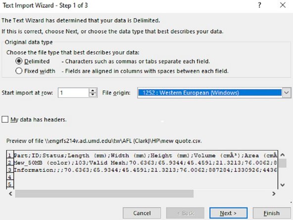 Select the file type as Delimited, and select the File Origin as 1252: Western European (Windows). Then click Next.