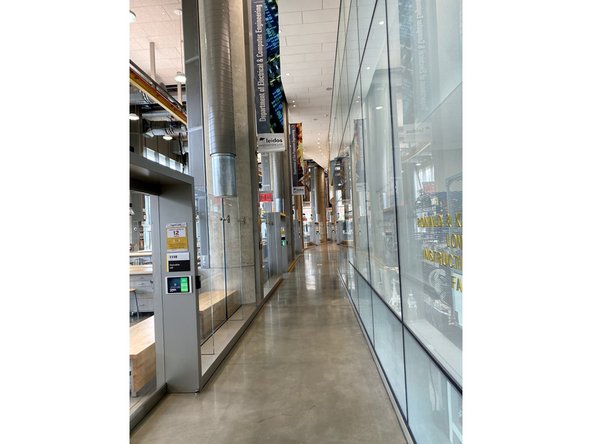 In an emergency, leave out the main entrance of the lab and head either right or left, following the illuminated exit signs, and head out of the building.