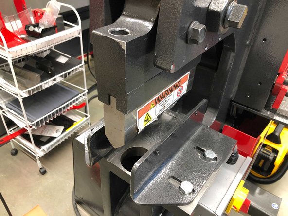 Shown is the break configuration of the puncher. It is used primarily to bend 2D sheet metal. This can be used alongside the waterjet to create 3D shapes with 2D pieces.