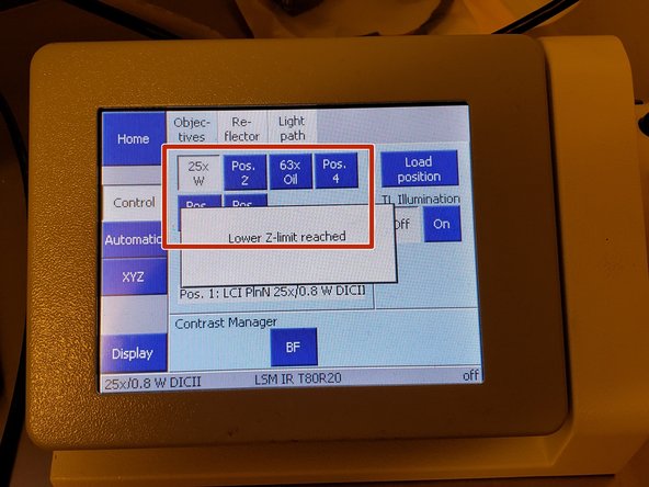 Choose the correct objective position on the microscope dock (e.g. select 63x oil if you are inserting the 63x objective).