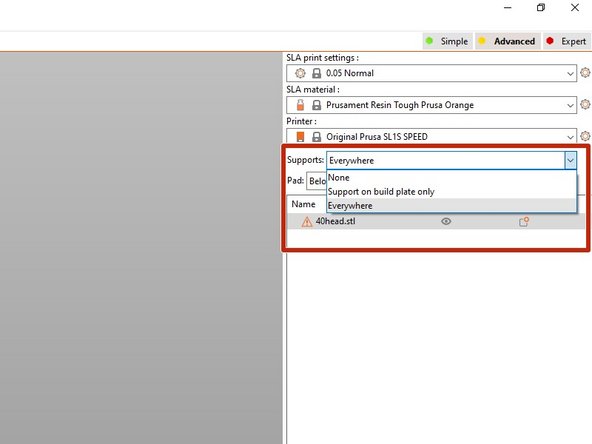 There are three different options for support generation. For most cases you want to use &quot;Everywhere&quot;. If there are a lot of internal supports or will cause issues with model quality you can switch to &quot;Support on build plate only&quot;.