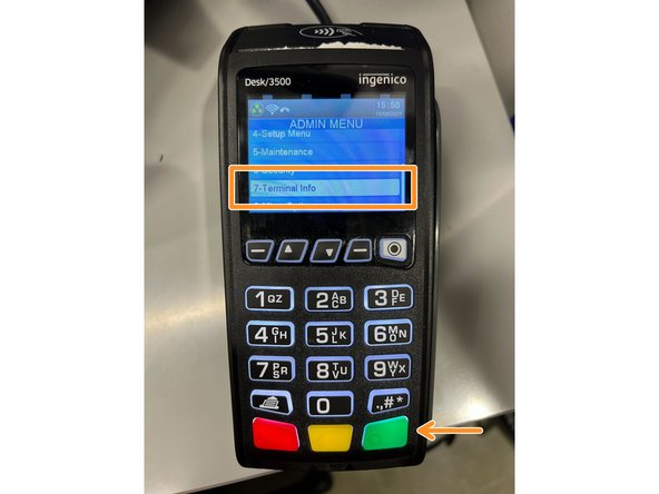 Using the arrows, scroll down to select the Terminal Info option and press the green button.