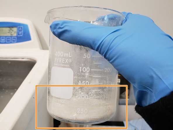 If the solution has a lot of support residue in it and/or looks viscous and thick, dispose of it in the sonicator disposal container below the work station.
