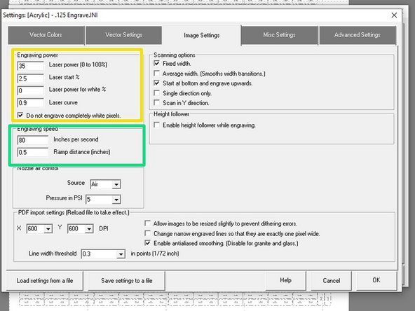 These settings adjust the engraving settings