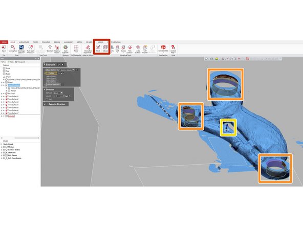 We have by this step finished modeling the unscanned surface. Now we will create some other features the scan could not capture, namely the inside surfaces of each hole