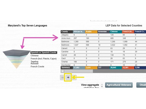 The funnel chart shows the distribution of the top seven languages in MD (as identified by AGNR) for selected counties.