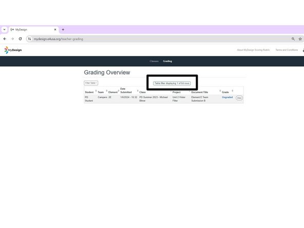 As in the Grading Center, filter results show number of rows displayed out of total number of rows