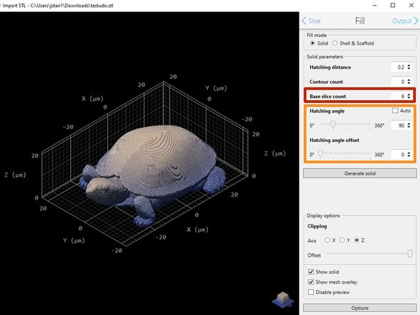 Base slice count: base slices can be printed with a different laser power and scan speed (print parameters) to prevent burning at the surface of the slide.