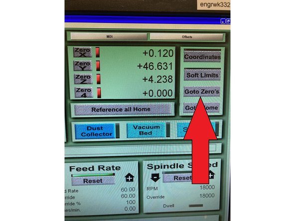 Now move the spindle to the center of your work piece and zero the Z axis by using the &quot;page up&quot; and &quot;page down&quot; buttons on the keyboard with a sheet of paper separating the tool end to the top of your work piece, same as manual leveling of a 3D printer. Once completed, click on &quot;Go To Zeros&quot;