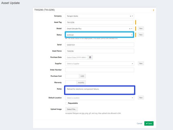 Update asset, by selecting the yellow pencil button from the column view, or the Actions button from the asset details page. When retiring, include the following details: