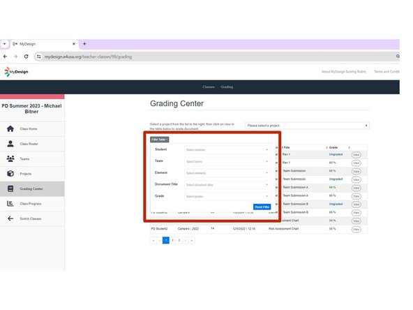 The table of student submissions can be filtered for any or all: Student Name, Team Name, Element, Document Title, and/or Grade