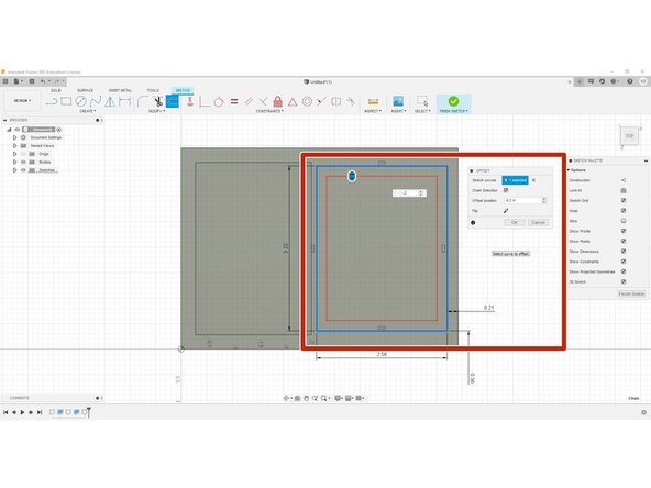 Now with the offset tool selected, we can select the rectangle we just drew, and type our thickness of -.2&quot;