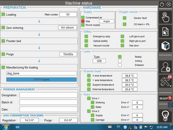 This menu shows the status of the machine. You need all green boxes to start the build