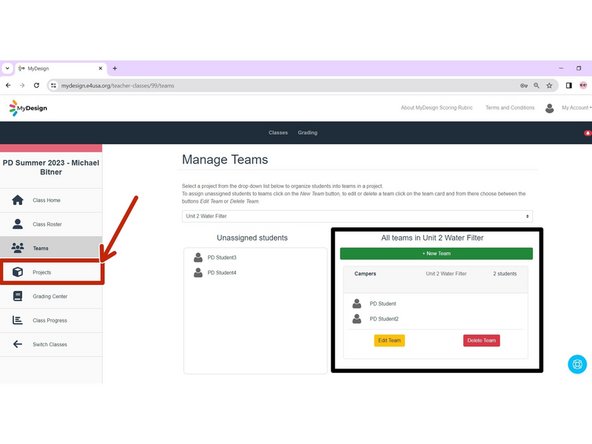 Select Projects to assign team to project