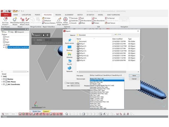 Select the type of output file such as stl, asc, obj, etc.
