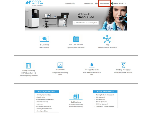 Support requests can be created through the NanoGuide portal or by emailing support@nanoscribe.com. Using the portal is more efficient and stores your request so you can go back to it if necessary.