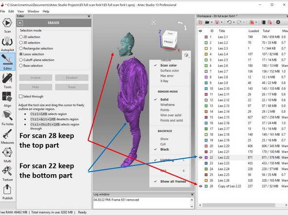 Use erase feature to remove the top part (Keeping the bottom part) for the scan 22 (The original scan data) as shown in the second figure