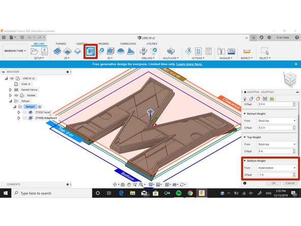 Next operation is an adaptive clearing. We want to remove as much material as quickly as possible while leaving a small amount for the finishing operations.