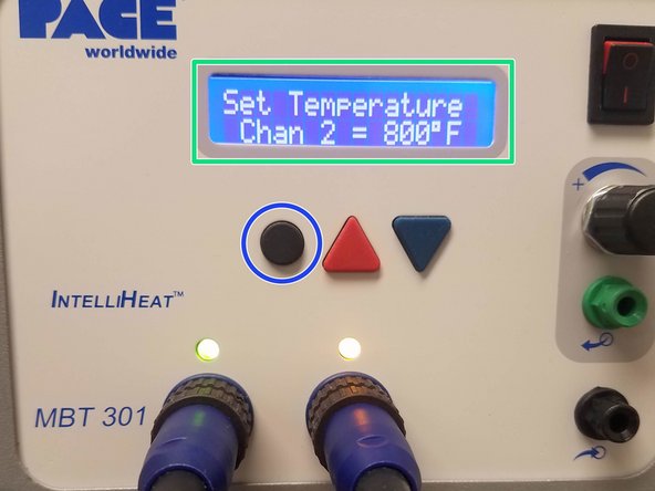 Use the black button (circled in blue) to change between channel 1 and channel 2's temperatures