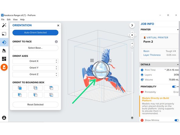 You are able to rotate parts about the X, Y, and Z axes of the bounding box using the circles surrounding them, allowing some larger parts to fit