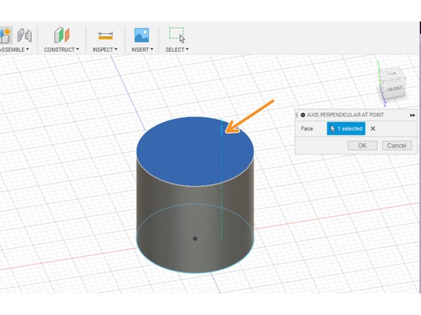 The &quot;perpendicular at point&quot; tool prompts the selection of a face and creates an orthogonal construction line where the user clicks