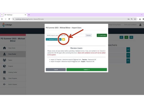 The CSV file upload popup screen appears
