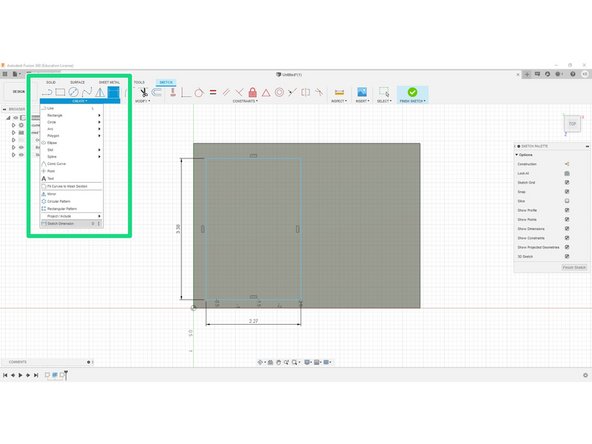 Change the view to the &quot;top&quot; view, an draw a rectangle (look at step 4, the green sub-bullet) with the dimensions from the drawing (2.27 x 3.38)
