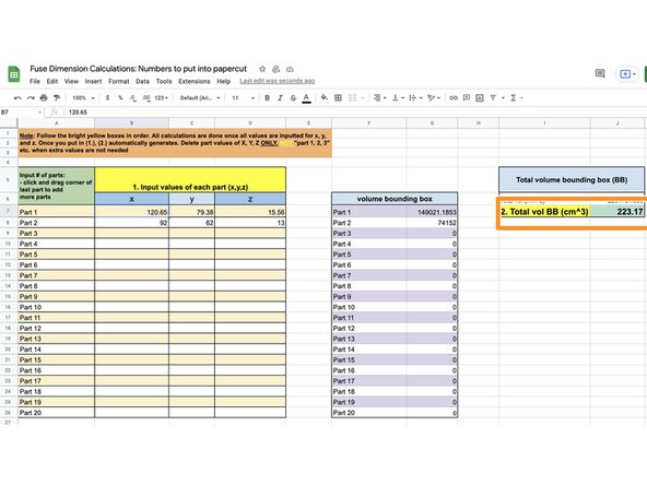 Input the values found in PreForm for x, y, and z for each part