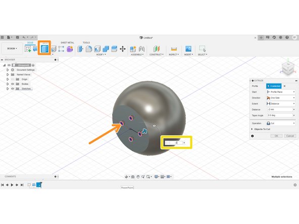 Open the extrusion tool and select the four circles you made as the profiles to extrude