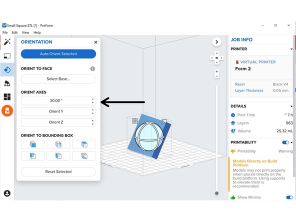 You can rotate the model an exact amount about the X, Y, and Z axes by typing a value where it says &quot;Orient _&quot;