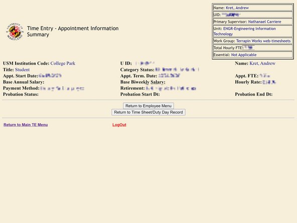 Salary / Hourly Rate, appointment date, FTE, and other information is available at Appointment Info