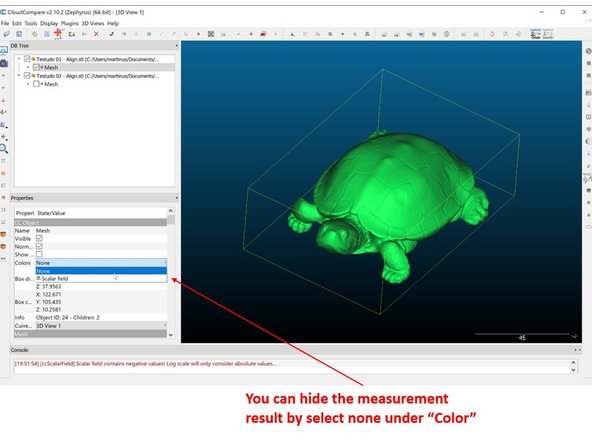 You can hide the measurement result by select none under Color (Under the compare mesh file) as shown in the second figure 