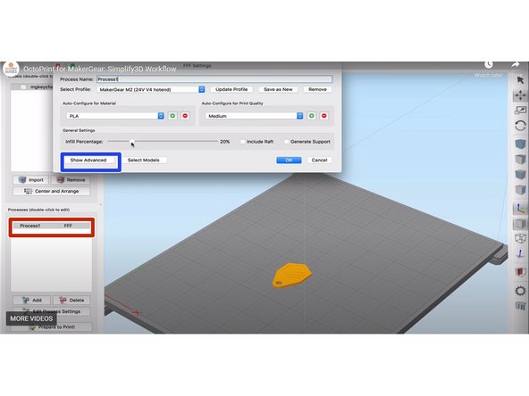 In the bottom left corner, you can double click on your process to open a window that controls your printer, quality of print, material, and infill percentage.