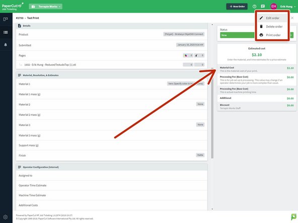 Edit the Papercut request, entering the number of grams of material used