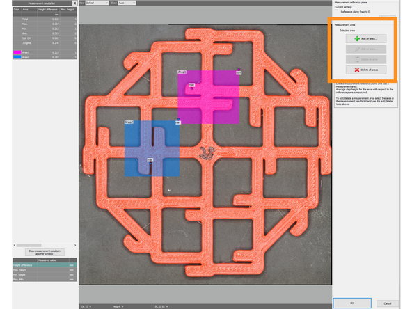 This tool finds the highest and the lowest height measurement for a user-defined area, and if used with multiple areas it will calculate statistics for the differences between each max and min.