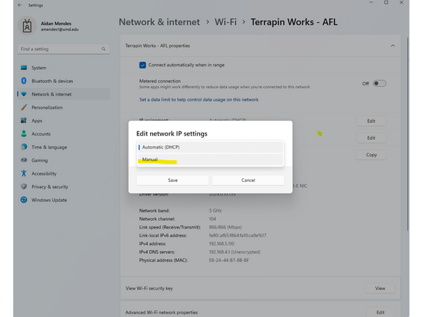 Select "Manual" from the drop down and change the slider to on for IPV4. Next copy the information from step 3 into the corresponding fields. For preferred DNS use "8.8.8.8".