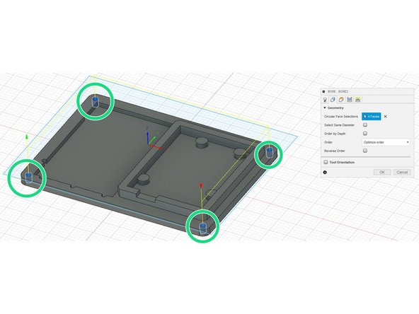 Next in the &quot;Geometry&quot; tab, simply just select the 4 holes on the outsides of the part. We are going to bore with a helix down these holes.