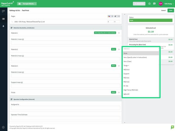 If needed, add an additional material and enter the grams used