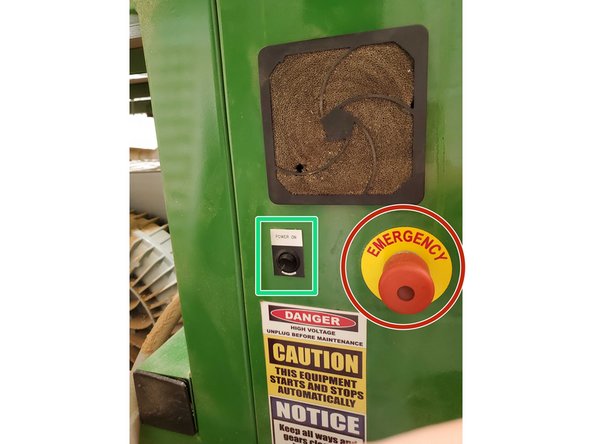 If anything were to go wrong, the emergency stop is the big red button located on the back of the machine. Push it to stop all processes and shut the machine down immediately, and twist to pop it back out.