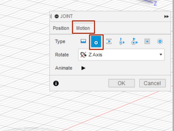Before hitting Okay on the arm-bracket joint, navigate to the Motion tab. This controls the type of motion allowed by the joint. Select revolve.
