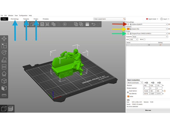 Profiles are preset settings packages. We typically use the default profiles provided by the slicer, but custom profiles can also be created. For each print we will need to select a Print Profile, a Filament Profile, and a Printer Profile.