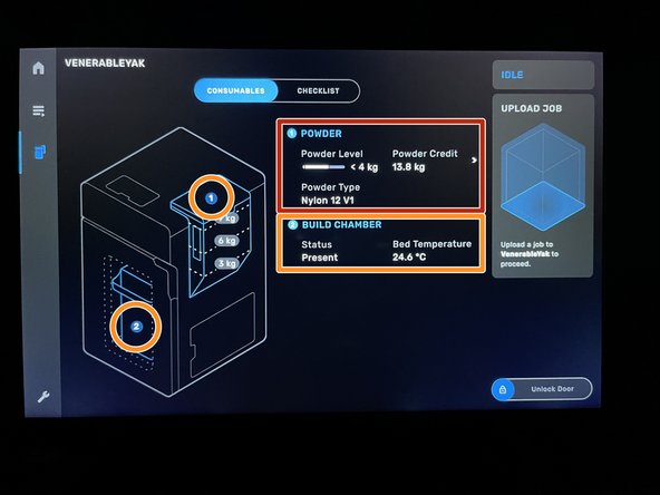 Shows you the current status of the machine's consumeables.
