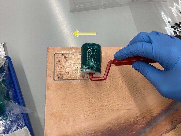 Place a plastic glove over the roller bin and mix ProMask compounds A and B with a popsicle stick (ProLegend A and B if you're doing silkscreen).