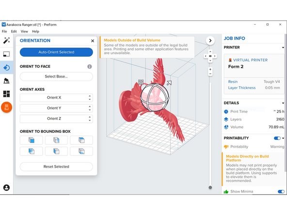 For some larger parts, the optimized orientation results in the bounding box extending outside the workspace