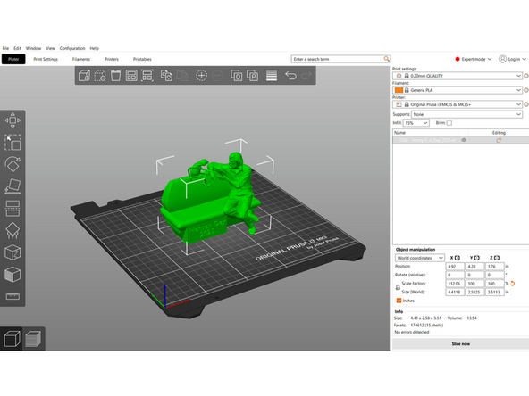 A slicing software provides a virtual build plate to arrange orient models for printing.