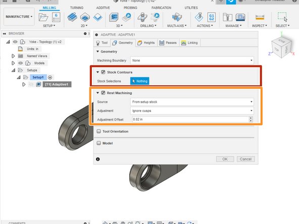 Geometry Tab allows us to select the cutting geometry. For an adaptive clearing it will default to cutting all stock material away.