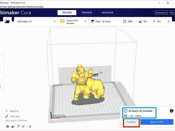 After slicing, confirm the part looks as intended by clicking Preview
