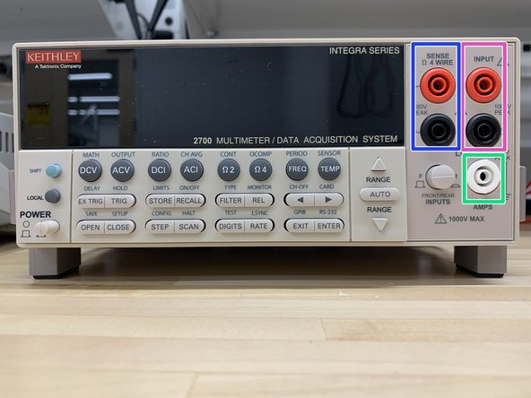 INPUT HI and LO - Used for DCV, ACV, Ω2, CONT, FREQ, PERIOD, and TEMP measurements.