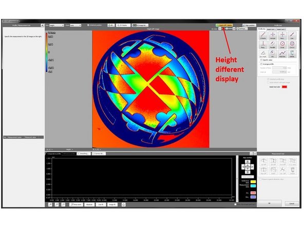 By turning on the High different display from the top left window (See the first figure), you can see a color map of the height difference between the scan result and the CAD model